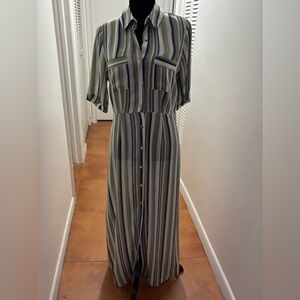 *Maxi Dress Striped Button-Down in green, blue & white. 2 pockets EXCELLENT